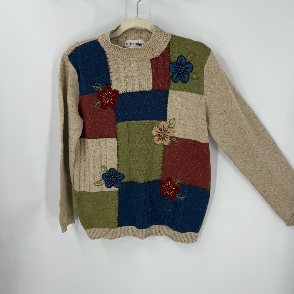 Alfred Dunner vintage cotton colorful Patchwork textured Floral detail sweater S